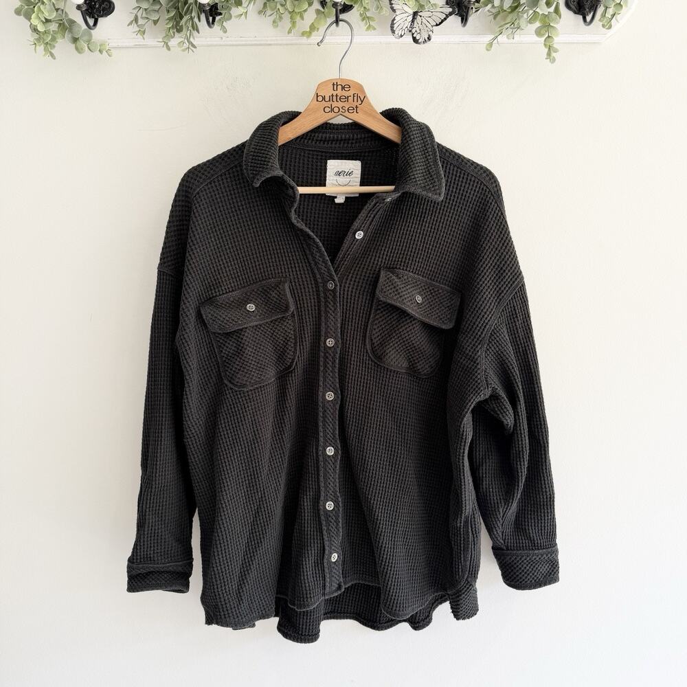 Aerie Black Waffle Knit Relaxed Fit Button Down Shirt Small HH5729